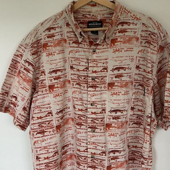Vintage Woolrich Short Sleeve Button Down Fishing Lures Tan Rust Shirt Size L - Picture 2 of 11